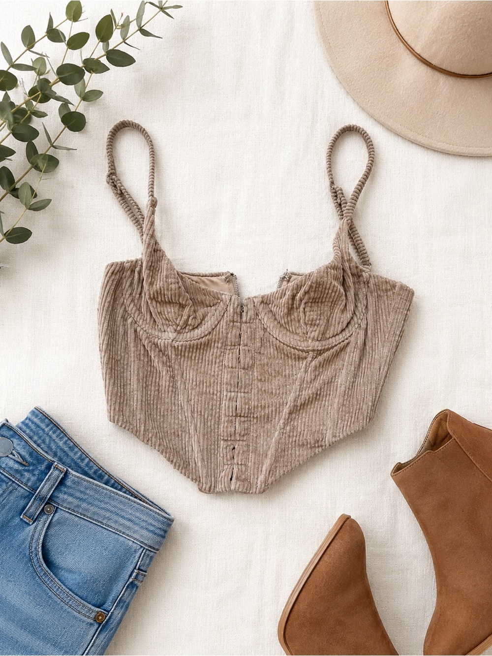 White Fox Taupe Corduroy Corset Bustier Crop Top Size S